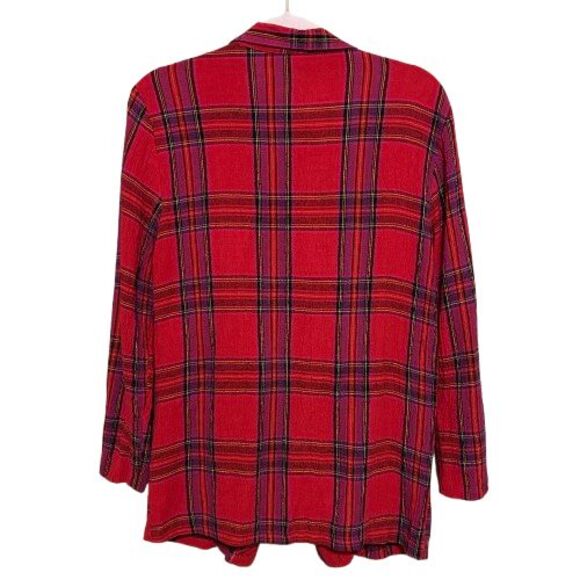 VTG Savvey Blazer Womens Medium Open Front Pockets  Red Plaid Rayon USA Academia - Picture 3 of 7
